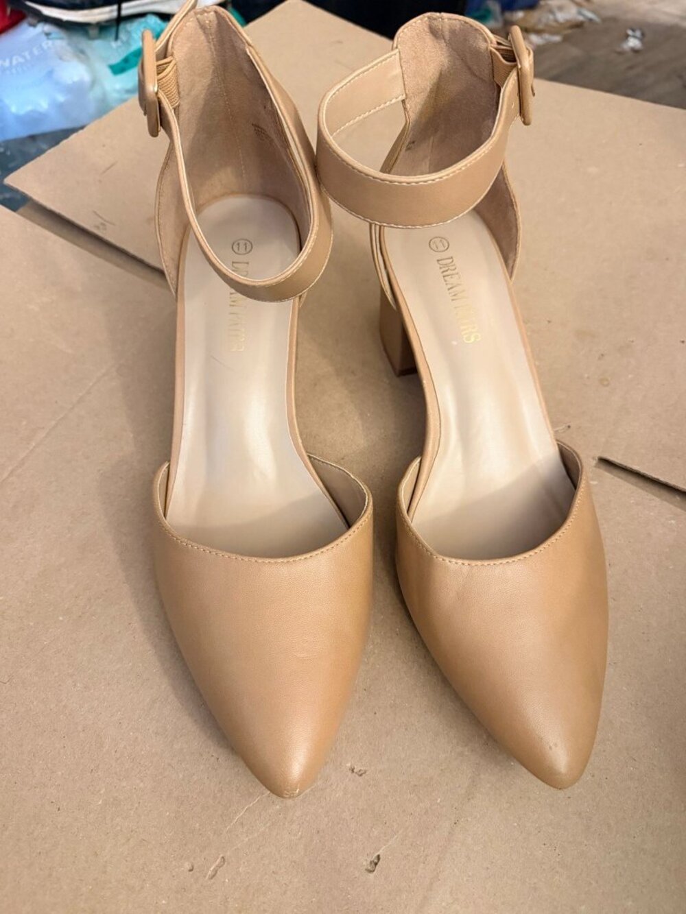 Dream Pairs Nude/beige Pointed Toe Pumps With Ankle Strap And Block Heel